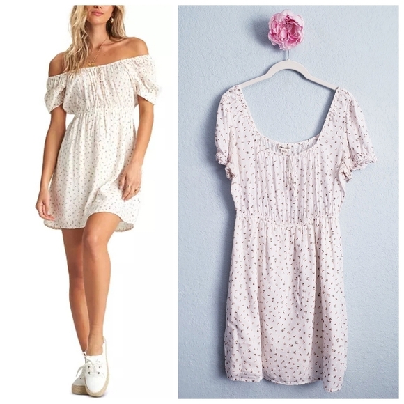 Billabong Cream And Pink Ditzy Floral Off Shoulder Dress - Picture 1 of 9
